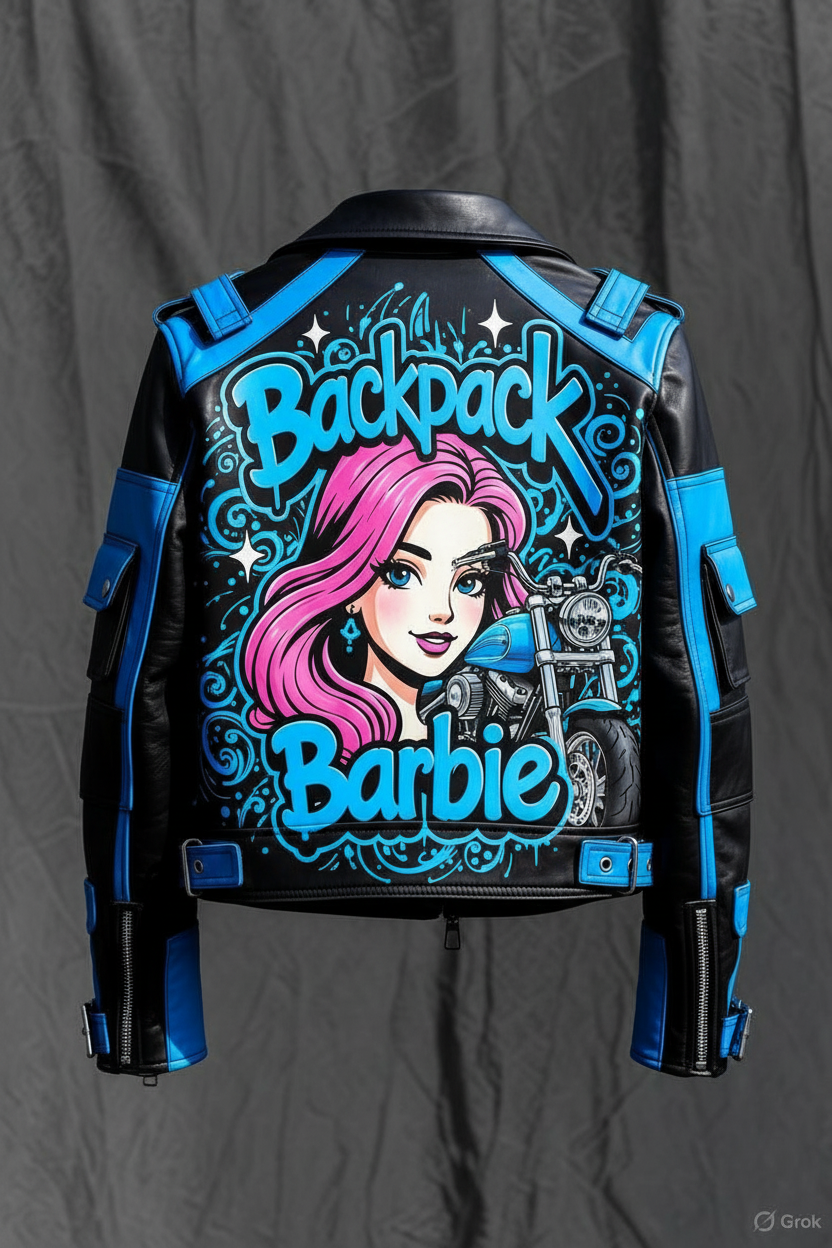 Backpack Barbie Custom Leather Jacket - Blue Neon Edition