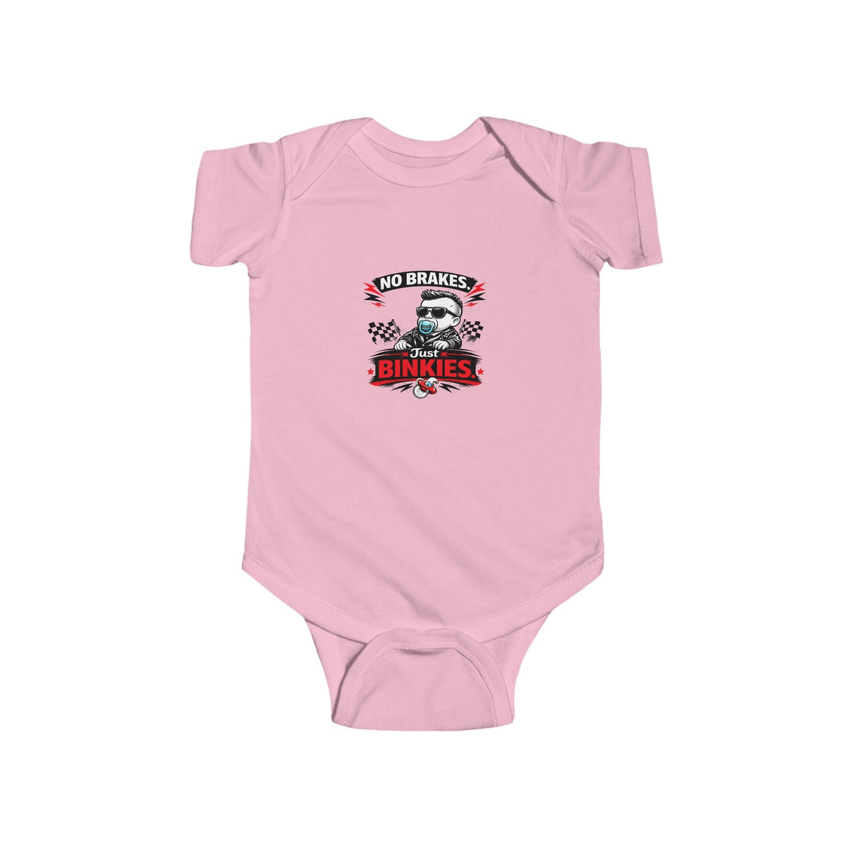 Infant Bodysuit — 'No Brakes, Just Binkies' Brakeless Racing Baby Onesie - Baby Bodysuit - BRAKELESS