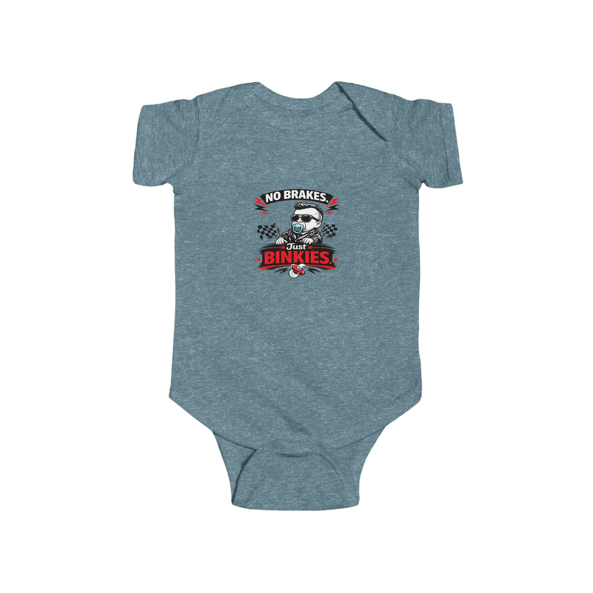 Infant Bodysuit — 'No Brakes, Just Binkies' Brakeless Racing Baby Onesie - Baby Bodysuit - BRAKELESS